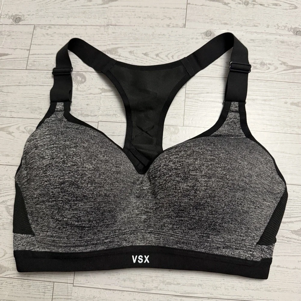 Victoria's Secret VSX‎ Sport Bra 32D Black/Gray Padded Racerback Cushioned Wired